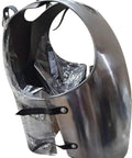Side view of Heavy Duty 16 Gauge Steel Armor Cuirass With Adjustable Leather Straps Muscle Plate Chest Armor For Reenactment Cosplay And Larp Knights Fits Up To 52 Inch Chest With Comfortable 18.5 Inch Height And About 12 Pound Weight, showing polished metal finish and leather straps.