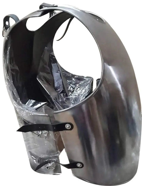 Side view of Heavy Duty 16 Gauge Steel Armor Cuirass With Adjustable Leather Straps Muscle Plate Chest Armor For Reenactment Cosplay And Larp Knights Fits Up To 52 Inch Chest With Comfortable 18.5 Inch Height And About 12 Pound Weight, showing polished metal finish and leather straps.