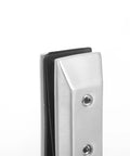 Close-up of silver finish adjustable glass clamp bracket for stainless steel shelf holder railing, rust resistant design