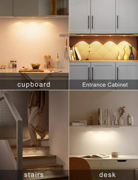 LED Under Cabinet Lights With Motion Sensor USB Rechargeable Night Light installed in kitchen cabinet and stairway scene