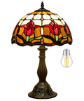 Tiffany Style Stained Glass Tulip Table Lamp For Bedroom And Living Room, 12 Inch Shade, 18 Inch Tall, Antique Green Bronze Base