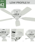 42 Inch Indoor Ceiling Fan No Light With Low Profile Flush Mount And Five Blades For Bedroom Living Room And Kitchen Snow White Design