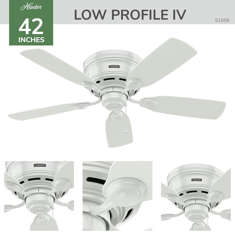 42 Inch Indoor Ceiling Fan No Light With Low Profile Flush Mount And Five Blades For Bedroom Living Room And Kitchen Snow White Design