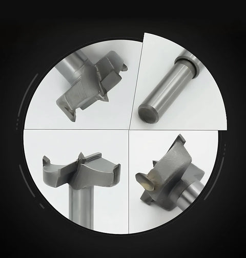 Meichoon 16-piece Forstner drill bit set, 15–35 mm, carbide high-speed steel bits; four-view collage.