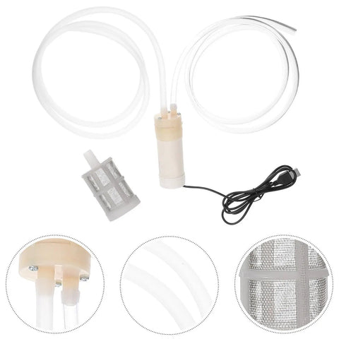 Tiny But Mighty 5V USB Mini Sump Pump With Portable Design For Quick Balcony Drainage Cleanup And Backyard Pool Water Removal Durable Build For Spotless Floors And Reliable Puddle Rescue Mission Done Right, showing the pump, tubing, and filter.