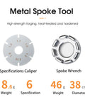Specifications caliper and spoke wrench with weight and measurements for Must Have Pro Grade Aluminum Spoke Tension Meter For Bikes.