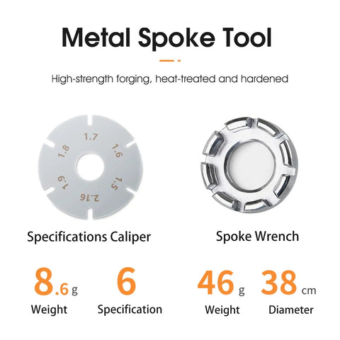 Specifications caliper and spoke wrench with weight and measurements for Must Have Pro Grade Aluminum Spoke Tension Meter For Bikes.