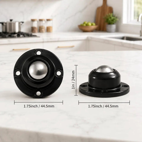 One Inch Self Adhesive Caster Wheels Four Pack Smooth Appliance Sliders showing black swivel base with stainless steel ball.
