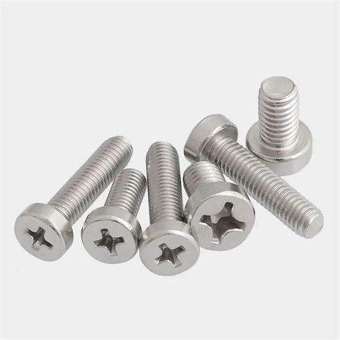 Top Shelf 304 Stainless Cheese Head Machine Screws M3 X 4mm Cross Recessed Cylindrical Fasteners 50 Pack shown in metallic finish.