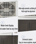 Portable Swamp Cooler With Spacious 30 Liter Water Tank And Two Extra Ice Blocks Delivers No Sweat Cooling Through Evaporative System To Serve Sweet Breeze Along 120 Degree Swing For Patio Hangouts, showing features like water level display and oscillating blades.