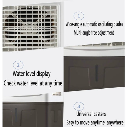 Portable Swamp Cooler With Spacious 30 Liter Water Tank And Two Extra Ice Blocks Delivers No Sweat Cooling Through Evaporative System To Serve Sweet Breeze Along 120 Degree Swing For Patio Hangouts, showing features like water level display and oscillating blades.