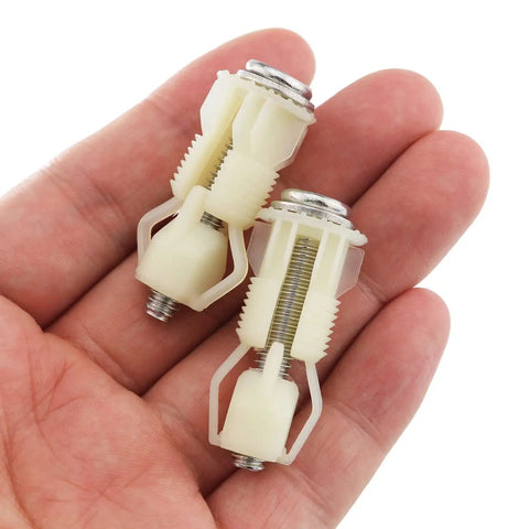 Heavy Duty Two Piece Toilet Seat Hinge Screw Set Delivering Zero Sweat Installation with ABS washers and stainless bolts.