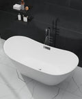 Top Shelf Acrylic Freestanding Soaker Tub Featuring Deep Soaking Pool And Sculpted Curved Backrest For Serious Lumbar Relief And Prime Chill Vibes In Crisp White, top view in a modern bathroom.