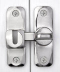 Close-up of silvery zinc alloy right angle door latch for cabinets, part of Two Pack Silvery 90 And 180 Degree Barn Door Lock