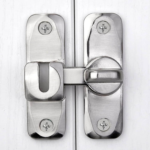 Close-up of silvery zinc alloy right angle door latch for cabinets, part of Two Pack Silvery 90 And 180 Degree Barn Door Lock