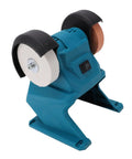 Heavy Duty Cordless Mini Bench Grinder With A Rock Solid 5500 Rpm Motor And Lock Down Suction Base angled view showcasing grinding discs on sturdy base.