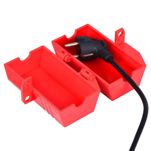 Industrial Grade Plug Lockout Device For Lockout Tagout, 110 To 125 Volt Power Cord Lockout System With Padlocks, open red case