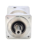 Heavy Hitter Right Angle Planetary Gearbox With Easy Swap Industrial Reduction Ratios Designed For 80 And 90 Millimeter Servo Motors Providing Ridiculously Smooth Rotation showing front view with hex mounting holes.