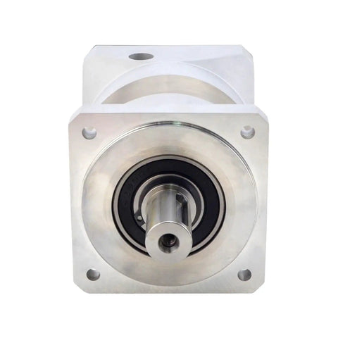 Heavy Hitter Right Angle Planetary Gearbox With Easy Swap Industrial Reduction Ratios Designed For 80 And 90 Millimeter Servo Motors Providing Ridiculously Smooth Rotation showing front view with hex mounting holes.