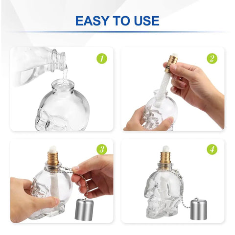 Lit Skeleton Skull Glass Table Torch being filled and assembled for Outdoor Patio Decor DIY Skull Lantern for Halloween, Thanksgiving, Christmas.