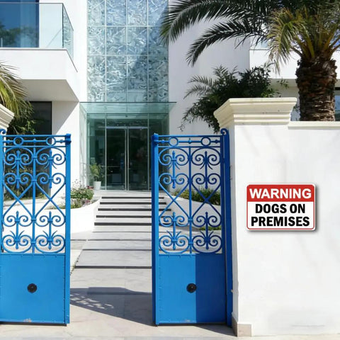 Dog On Premises Warning Sign Rugged 8x12 Inch Metal Yard Gate Decor Weatherproof Tin Plaque For Home Farmhouse Fence Outdoor Business Warehouse Use Waterproof And UV Resistant With Pre Drilled Holes For Easy Hanging mounted on white wall by blue gate