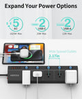 Black Flat Plug Power Strip With Individual Switches, Ultra Thin 10 Ft Extension Cord, 5 Outlets Plus 2 USB-C 20W PD, 1700 Joules Surge Protector, charging devices.