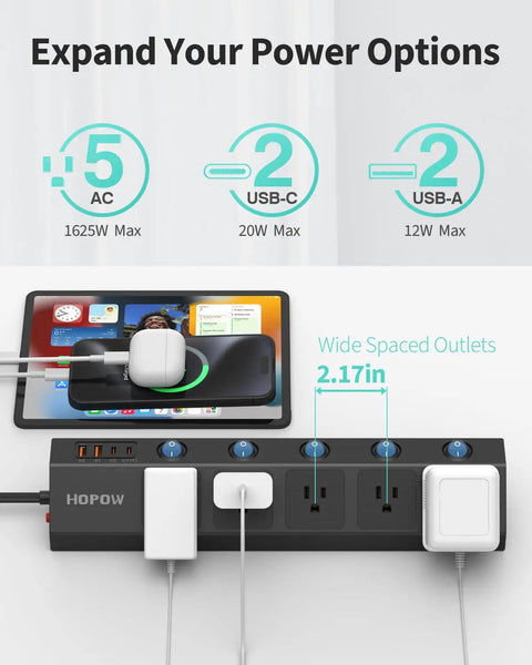 Black Flat Plug Power Strip With Individual Switches, Ultra Thin 10 Ft Extension Cord, 5 Outlets Plus 2 USB-C 20W PD, 1700 Joules Surge Protector, charging devices.