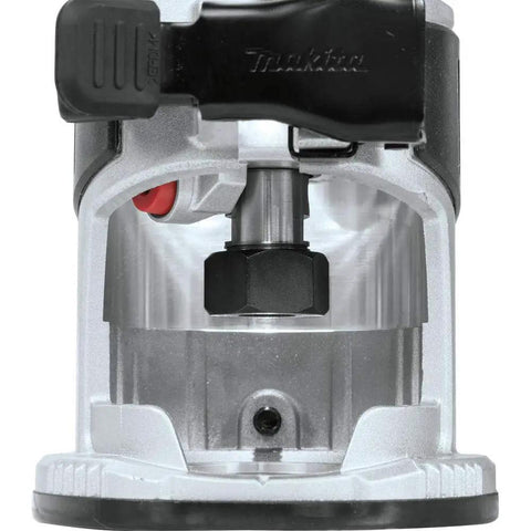 Pro Grade Compact Cordless Router With Brushless Motor, 18V LXT, close-up view of base and bit mechanism for precise cuts XTR01Z