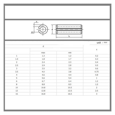 Diagram and size chart for Split Spring Dowel Pin M8 304 Stainless Steel Roll Pin 16 To 80mm Heavy Duty Gear Fastener.
