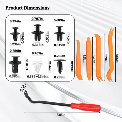 Six Type Bumper Retainer Clip Kit With Removal Tools 100 Pack Nylon Fasteners For Easy Car Body Trim Replacement Universal Fit For Front And Rear Bumpers Durable Vibration Resistant And Anti Aging, dimensions chart with clip sizes and removal tools