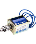 Beefy 24V 15N Pull Type Solenoid Electromagnet Built For Precise Linear Motion Open Frame With 10mm Stroke Spring Return And Low Friction 37 By 20 By 26.5mm 1A 9.6W DC Coil, blue wire lead