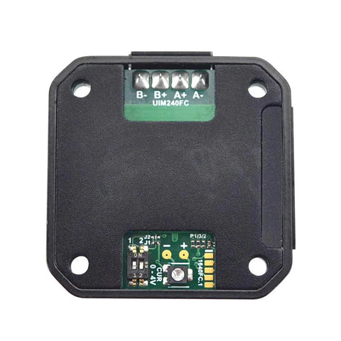 Front view of black STEPPERONLINE integrated stepper motor driver module with green B-, B+, A-, A+ terminal block