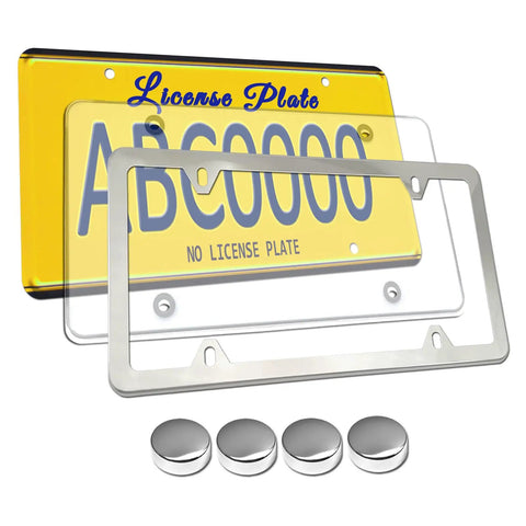 All In One License Plate Frame Cover Kit With Clear Flat Plate Cover And Stainless Steel Tag Holder Unbreakable Shield