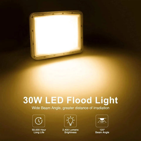 JUDYSSY Led Flood Lights Outdoor 30W, IP67 Waterproof Garden Security Lights, 30W LED flood light with wide beam angle.