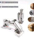 4 Pack 170 Degree Hidden Cabinet Hinges For Frameless Cabinet Doors Heavy Duty Hydraulic Adjustable Soft Close Universal Fit Full Cover Half Cover No Cover displayed with an open angle view and installed examples.