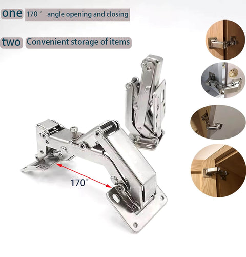 4 Pack 170 Degree Hidden Cabinet Hinges For Frameless Cabinet Doors Heavy Duty Hydraulic Adjustable Soft Close Universal Fit Full Cover Half Cover No Cover displayed with an open angle view and installed examples.