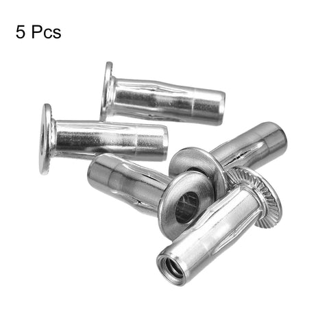 Dead Strong 1/4-20 Multi Grip Rivet Nuts With Pre Bulbed Shank For Lock Tight Threads In 304 Stainless Steel Made For Rough Shop Floors And No Sweat Vehicle Repairs Simple Hand Install Five Pack Deal - 5 rivet nuts arranged showing shiny stainless steel finish.