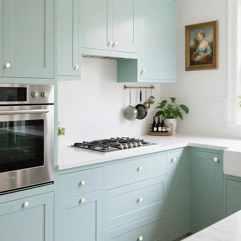 Modern kitchen with light blue cabinets featuring 12 Pack White Cabinet Knobs For Kitchen Cabinets And Dresser Drawers Drawer Pulls Easy Install.