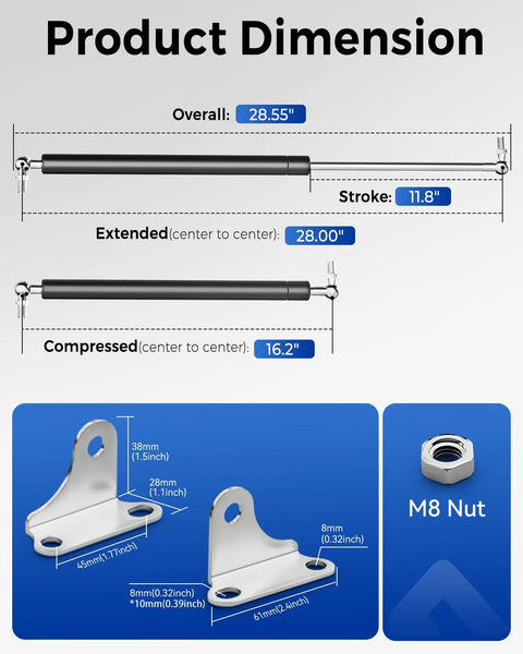 Two ARANA gas struts with brackets (2-pack), 28in, 200lb, product diagram showing mounting brackets and M8 nut.
