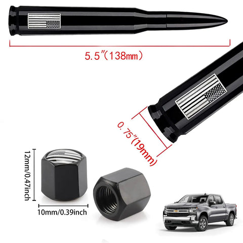 Flag Themed Car Truck Antenna With Valve Stem Caps Universal Mast Fits GM Chevy Silverado Ford F Series Denali Black Tough Weatherproof Easy Install For Off Road And Daily Driving, showing black aluminum bullet antenna with flag and valve stem caps.