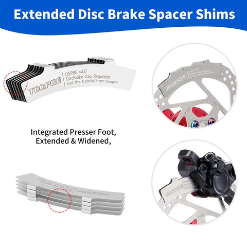 Extended disc brake spacer shims from Six In One Bike Maintenance Kit With Hydraulic Piston Press And Pro Grade Disc Brake Repair Tools For Mountain Bikes And MTB Includes Piston Press, Rotor Truing Fork, And Disc Brake Gap Regulators