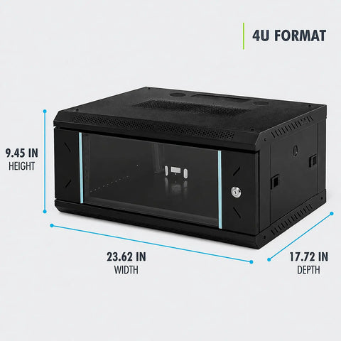 Heavy Duty Wall Mount Server Rack Cabinet With Locking Tempered Glass Door And 19 Inch Standard Layout For Network Switches Routers Patch Panels, 9.45 in height, 23.62 in width, 17.72 in depth.