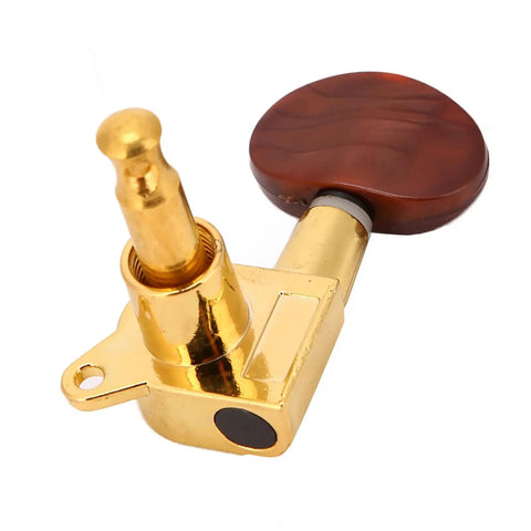 Top Tier Locking Tuning Pegs For Acoustic And Electric Guitar Featuring 3L3R Machine Heads With Screws Bushings And Ferrules To Stop Rust Deliver Super Fast Accurate Tuning While Keeping Strings Locked In Place Securely For Long Lasting Durable gold guitar tuner close-up