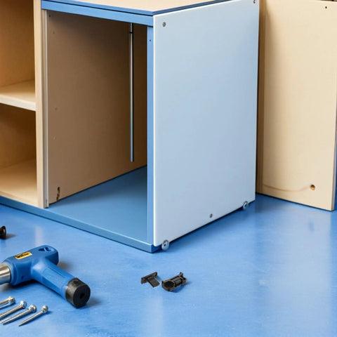 Push On Quick Fitting Furniture Panel Clips 12 Pcs One Hand Connectors shown near a partially assembled cabinet.