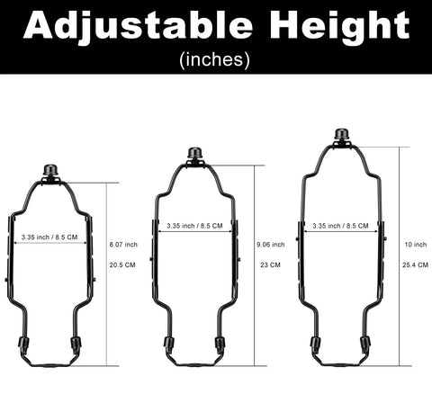 Adjustable Lamp Shade Harp Kit dimensions, showcasing three height settings, black metal frame for durability.