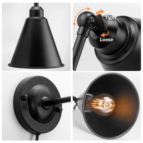 Plug In Black Metal Swing Arm Wall Sconce 2 Pack Industrial Vintage Style Wall Lamp Fixture with On Off Switch and E26 Base