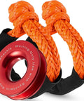 Heavy Duty Soft Shackle Recovery Kit Half Inch By Twenty Two Inch 56,000 LBS UHMWPE Ring Kit For ATV, UTV, SUV, Truck Off Road Recovery Two Pack With Red Ring, showing orange UHMWPE shackles and red ring.