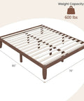 Rock Solid King Platform Bed Frame 14 Inch Profile Genuine Rubber Wood Heavy Duty Slat Support Premium Mattress Foundation No Box Spring Needed Hassle Free Setup Dark Walnut with dimensions and weight capacity.