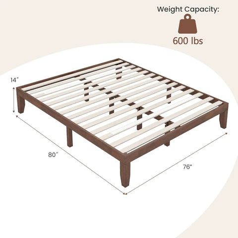 Rock Solid King Platform Bed Frame 14 Inch Profile Genuine Rubber Wood Heavy Duty Slat Support Premium Mattress Foundation No Box Spring Needed Hassle Free Setup Dark Walnut with dimensions and weight capacity.