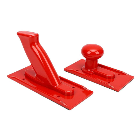 Rock Solid Two Pack Table Saw Push Block Crafted For Real Woodworkers Featuring Ergonomic Angled Grip And Rounded Handle Reliable Planer Safety Gear Made From Heavy Duty Abs Plastic two push blocks in red, ergonomic grip design.